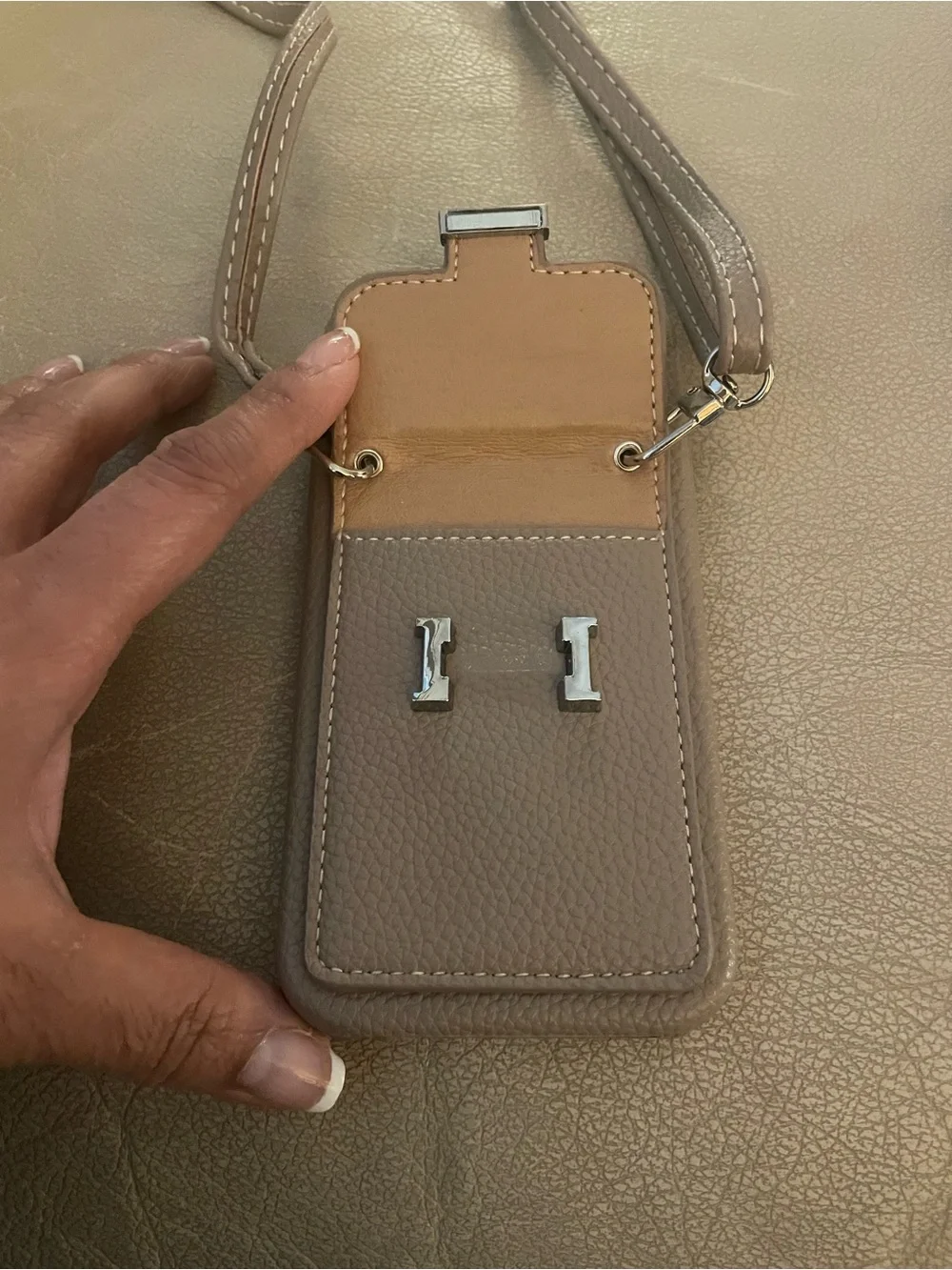 Brand new crossbody Phone Pouch in Taupe with Silver Hardware for 12 pro